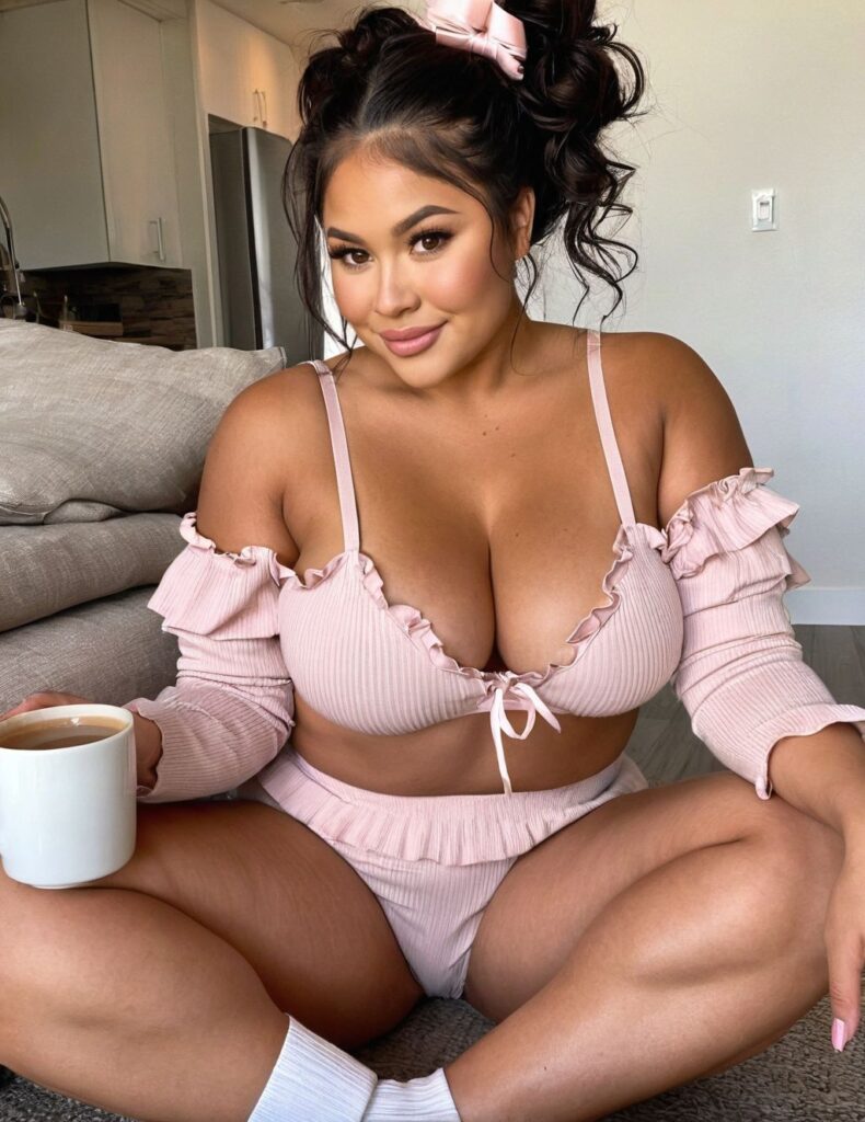  Plus-size young woman relaxing at home in soft pink ribbed lingerie set with ruffle details and bow accents, holding coffee mug, showcasing 2025's coquette fashion trend with romantic, body-positive aesthetic and comfortable loungewear styling.