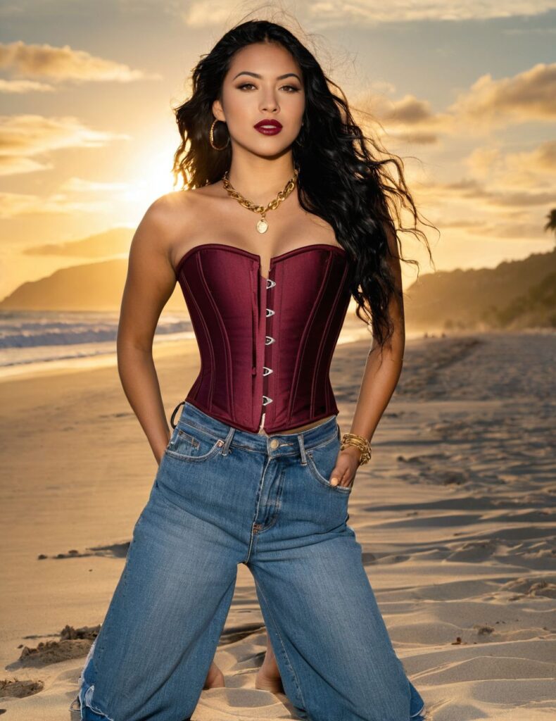 Burgundy Corset Top with High-Waisted Jeans at Cannon Beach Sunset Beach