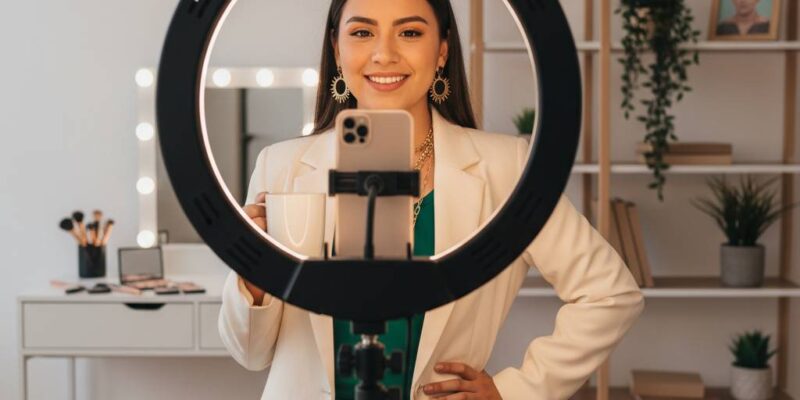 Young Latina creator filming content - phone on tripod/ring light, showing creator economy angle, confident posing