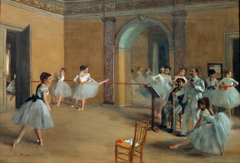The Dance Foyer at the Opera on the rue Le Peletier (1872) by Edgar Degas. Also commonly known as Dance Class at the Opera or La Répétition au foyer de la danse. Oil on canvas, housed in the Musée d'Orsay, Paris.